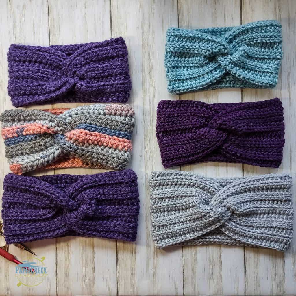 6 crochet ear warmers in various yarns and sizes